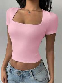Top corto ajustado de mujer de punto con cuello convertible de unicolor - Rosa Pálido - Ver 6