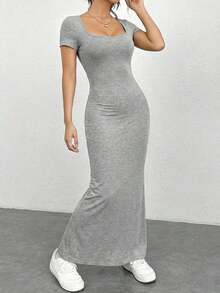 Vestidos De Verano, Vestido Ajustado Con Vuelo En La Parte Inferior Y Cuello Cuadrado - Gris - Ver 4