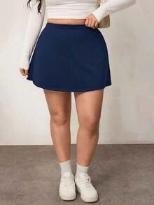 Falda corta casual de línea A de unicolor negro básico para mujer de talla grande, amigable con las curvas del Body redondeado, para el invierno, para la figura de Body redondeado tipo manzana - Azul marino - Ver 4