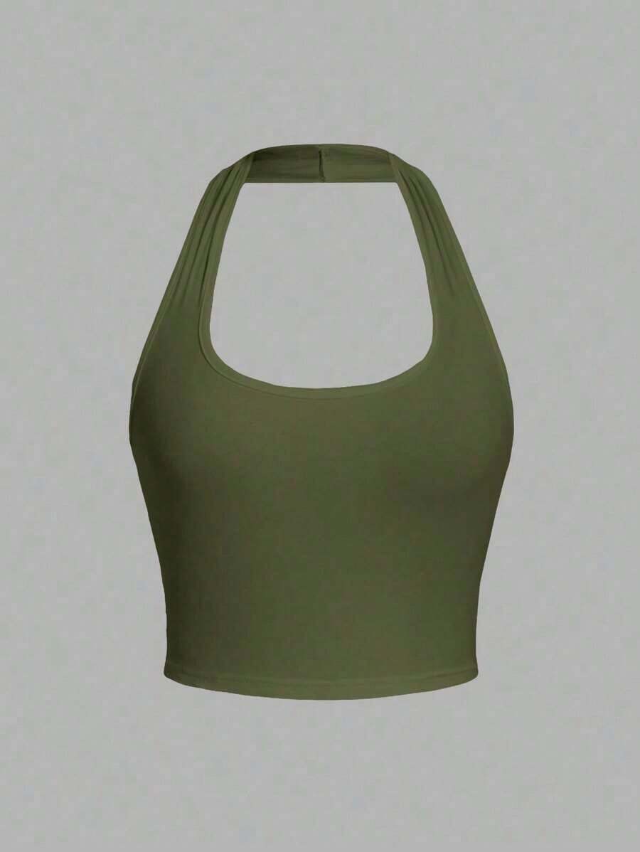 Camiseta de tirantes de ajuste ceñido con cuello halter, color liso y corta, de estilo minimalista y casual para mujer, de verano - Verde militar - Ver 1