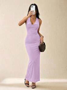 Vestido elegante de mujer de unicolor con cuello drapeado de malla, vestido largo, estilo vacacional, adecuado para vacaciones de otoño/invierno - Púrpura malva - Ver 5