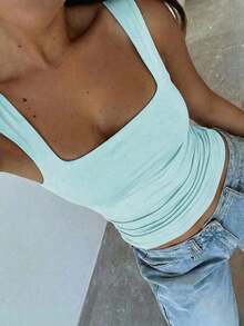Camiseta sin mangas ajustada de unicolor con cuello cuadrado para mujer , Chaleco de unicolor minimalista y retro, Camiseta de punto sin espalda de moda de verano, Versátil y casual, Adecuado para el trabajo y el transporte - verde menta - Ver 6