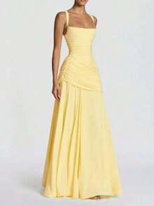 Vestido de verano elegante sin tirantes y ajustado de color amarillo, vestido casual sin espalda y sin mangas con pliegues para fiesta y club, para mujeres en bodas y primavera - Amarillo - Ver 3