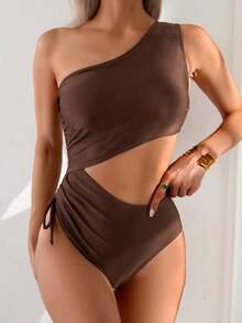 Traje de baño de una pieza con cordón y diseño hueco elegante y sexy para mujer, apto para vacaciones de verano - Marrón Mocha - Ver 4