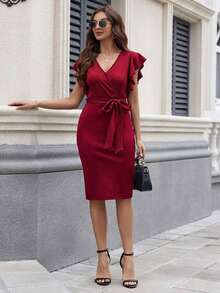 Vestido midi con estampado floral y cuello en V con mangas cortas, elegante para vacaciones - Rosa Roja - Ver 6