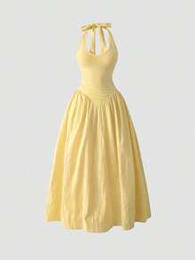 Vestido de escote en V profundo francés, sexy, con detalle de halter, empalmado y con la cintura fruncida - Amarillo - Ver 7