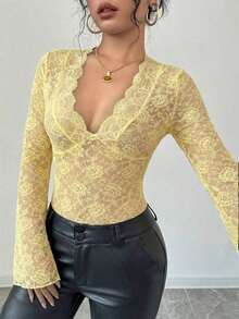 Blusa de encaje negro con cuello en V y mangas acampanadas con parche de encaje para mujer - Amarillo claro - Ver 7