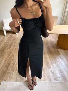 Vestido midi de leopardo con abertura lateral y tirantes - Negro 2 - Ver 8