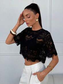 Blusa suelta de manga corta con encaje elegante para mujer, adecuada para la temporada de bodas, citas, primavera y verano, color: Blusa de verano casual de primavera y verano para mujer Blusa blanca Blusa bohemia Blusa de ojal Blusas de verano par - Negro - Ver 3