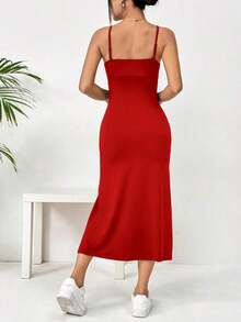 Vestido midi de leopardo con abertura lateral y tirantes - Rojo - Ver 2