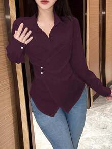 Blusa larga de manga larga con nudo de mujer, color liso, camisa de mujer para primavera y otoño, blusas de manga larga - Rojo violeta - Ver 6