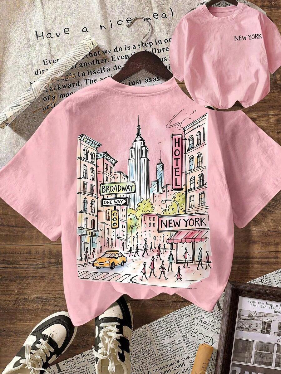 New York City Graphic T-Shirt, Women's Casual Crew Neck Short Sleeve T-Shirt, Summer Vacation Set In White - 羅莎 - 查看 1