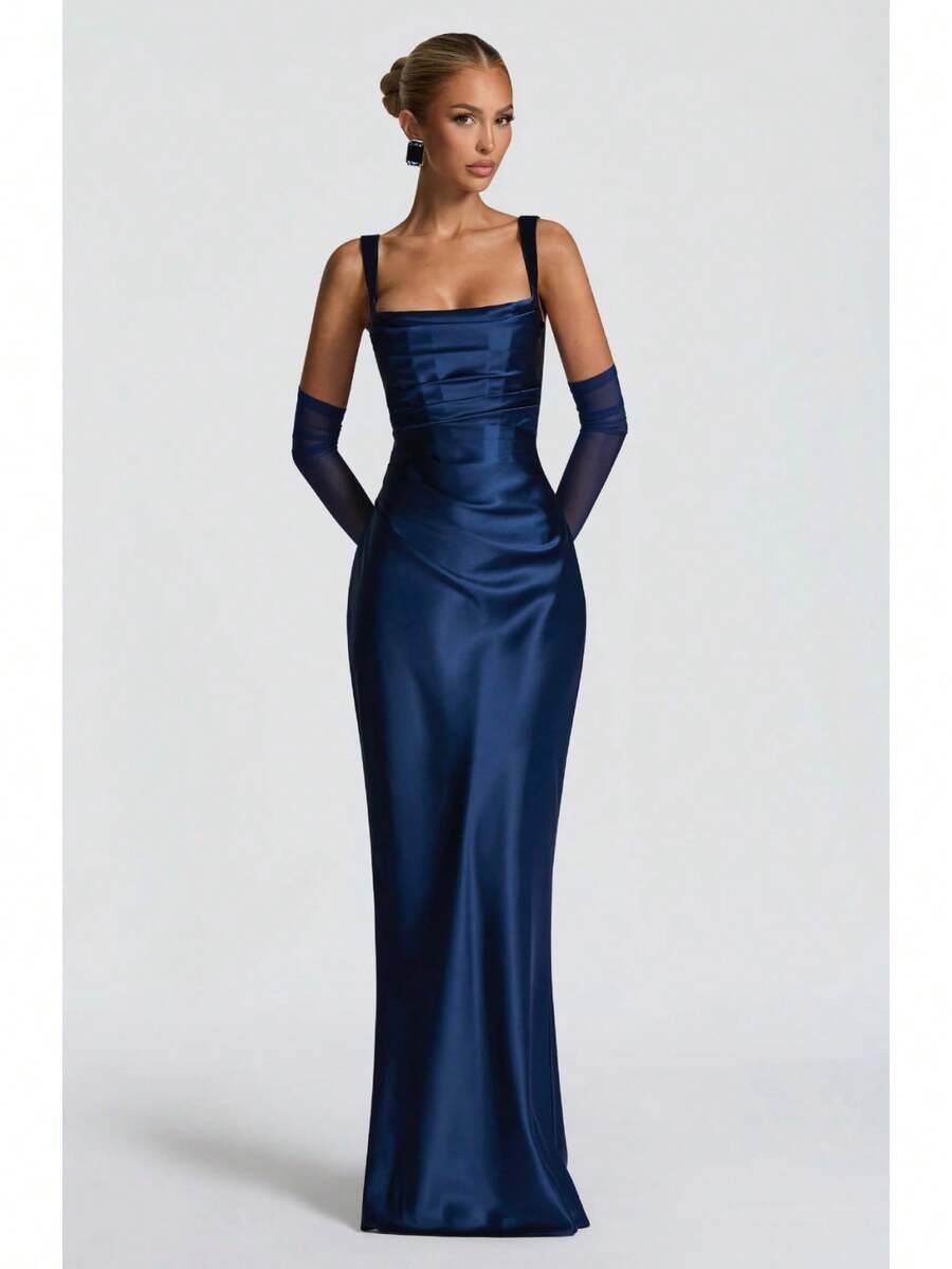 Elegant Satin Mermaid Maxi Dress, Square Neck With Ruched Waist, Bodycon Formal Evening Gown For Women - 藍色 - 查看 1