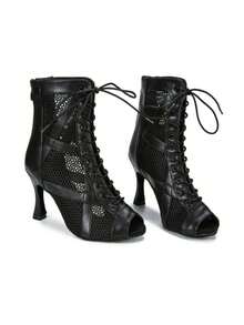 1 par de botas de tobillo de baile de jazz de tacón alto cómodas y de moda, de piel de PU negra y malla, zapatos de baile de salón - Negro - Ver 7