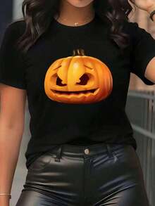 Colorful Women's Shirt With Pumpkin Print, Casual Summer Blouses For Women, Loose Blouse, Soft And Breathable, 100% Cotton, Summer Clothes For Women, Streetwear, Party And Festival Outfit, Suitable For Spring, Summer And Autumn. - 黑色 - 查看 7