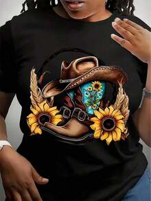 Minimalist.1pac.100%Cotton.1pc Women' Cowboy Boots Sunflower Print Black TShirt, Crew Neck, Casual Cotton Tee Medium Stretch Knit Fabric, Regular Fit For Female Ladies For Spring/Summer/Fall.Summer Round Neck - Black - View 7