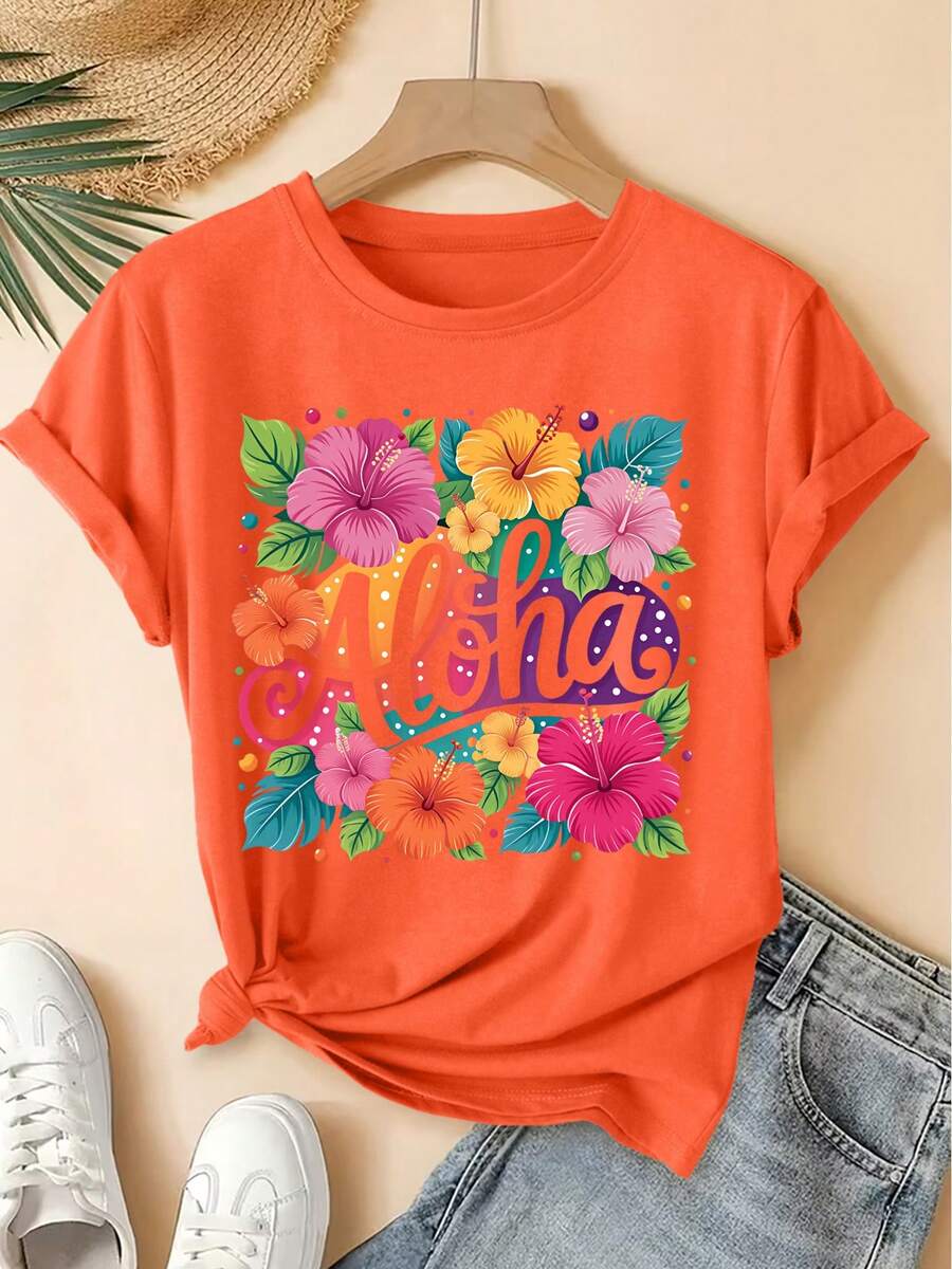 Aloha Tropical Hibiscus Flower Colorful Print Short-Sleeve Vintage Round-Neck T-Shirt, Fresh Forest Style Loose Top, 2026summer Party Commuter Women's - 橘色 - 查看 1