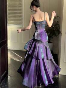 Vestido de fiesta con volantes en el bajo en color borgoña, conjunto brillante rojo para conciertos, vestido formal elegante de tirantes finos para dama de honor, cumpleaños, graduación, ropa de verano y primavera para bodas - Morado - Ver 2