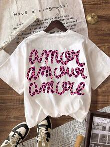 1 Piece Fashion Casual T-Shirt For Men And Women, Round Neck, Short Sleeve, Leopard Print "More Love", Autumn Clothes, Versatile For Back To School Season, Easy To Match, Daily Wear, Urban Style, Vacation Outfit, Weekend Outfit. - 白色 2 - 查看 2
