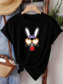 Women's Summer T-Shirt, Women's Summer Top, Casual Short Sleeve T-Shirt, Rabbit Print, Heart, Fashion Glasses And Bow, Everyday Casual Wear, Breathable And Lightweight Fabric, Machine Washable, Casual Top For Women | Women's Summer Tops - 黑色 - 查看 1