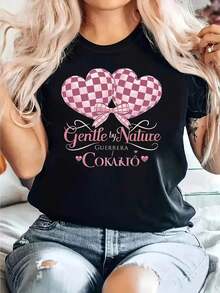 LooseCamiseta COKAKIÔ (I Love You) With Spanish Phrase For Women - Short Sleeve Top With Love Letter And Checkered Heart Print - Casual Blouse In Spanish For Spring Summer Casual Wear Or Valentine's Day Gift - Basic Crew Neck Cotton T-Shirt For Women - 黑色 - 查看 3