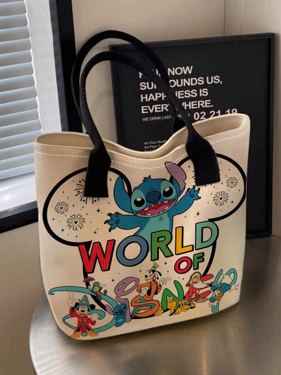 開學季 Disney 可愛卡通史迪奇圖案印花托特包,適合女性日常購物、聚會、好友聚會,日系帆布手提包,大容量通勤包,中性休閒托特包 - 彩色 - 查看 1