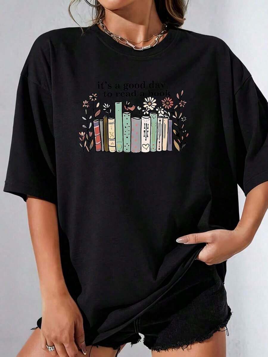 Women's Sets Women's T-Shirt With Book Print, 100% Polyester, Plus Size, Casual, Fun, Graphic Print, Short Sleeve, 1 Piece, Crew Neck, Novelty, Women's T-Shirts - 黑色 - 查看 1