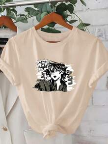 1 camiseta de verano de manga corta para mujer - Estampado de personaje de anime con gráfico geométrico 2D y expresión de sorpresa con "¡WOW! "Texto.y Estilo Urbano" |   Diseño Juvenil |   Ajuste cómodo, ropa bonita |   Diseño exquisito |   Suelto y cómodo |   Fácil de combinar | - Albaricoque - Ver 6