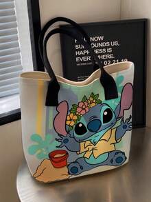 開學季 Disney 可愛卡通史迪奇圖案印花托特包，適合女性日常購物、聚會、好友聚會，日系帆布手提包，大容量通勤包，中性休閒托特包 - 彩色 - 查看 10