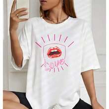 Women's Korean Style Summer Printed Cotton T-Shirt With Pink Lips And Sun Ray Print, Round Neck, Short Sleeve, Letter Print, Loose Fit, Casual, Versatile, For Daily Wear, Beach, Party, Vacation - High Quality - 白色 - 查看 4