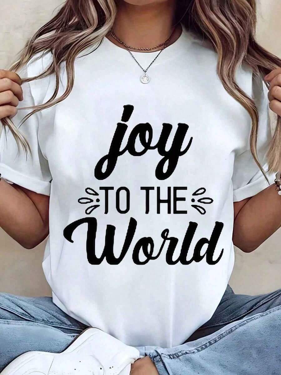 Soft, Breathable, And Lightweight For All-Day Comfort. Women's T-Shirt With A "Joy To The World" Print, Crew Neck, And Relaxed Fit. Ideal As A Holiday Gift. 220g. Classic Neckline With A Relaxed Fit That Flatters All Body Types And Is Easy To Pair With Jeans, Shorts, And Leggings. - 白色 - 查看 1