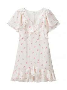 Nuevo Vestido midi cinturado con escote en V y volantes, diseño floral - Blanco - Ver 3