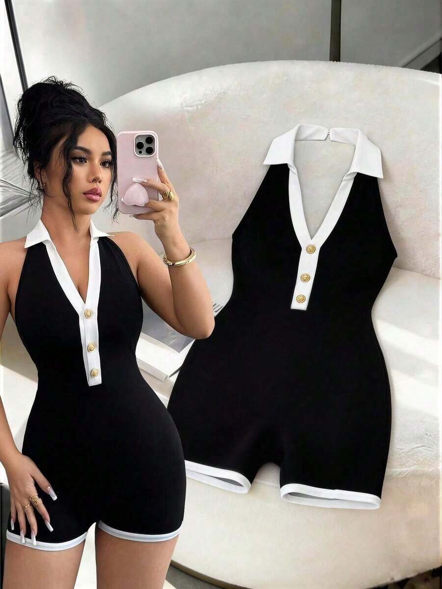 Elegant And Casual Women's Jumpsuit With A V-Neck And Contrasting Colors, Sexy With A Deep V-Neck And Open Back, With A Slim And Elegant Fit, Suitable For Parties, Dates, Afternoon Tea, Bohemian Vacation Style, Beach, Summer Wear - 黑色 - 查看 1