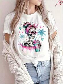 Camiseta Casual de Manga Corta para Mujer, Mezcla de Algodón, con Estampado de Coche 'Chasing The Horizon', Cuello Redondo, Largo Regular - Blanco - Ver 7
