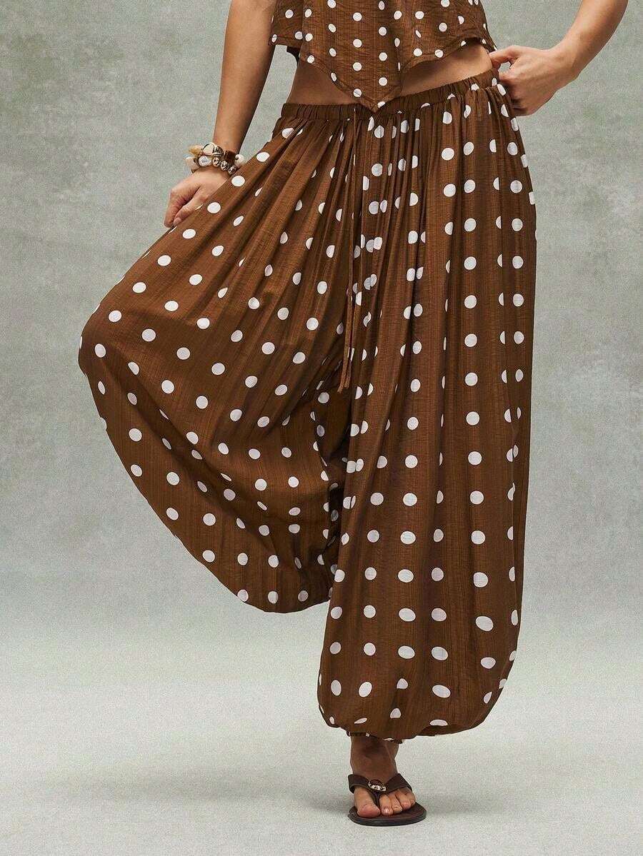 Pantalones sueltos de mujer con cordón y estampado de lunares tejido informal - Marrón - Ver 1