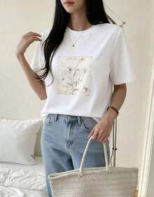 Women's Casual Loose Fit Graphic T-Shirt With Plant Print, New For Spring - Vintage Street Style Unisex Cotton Short Sleeve Crew Neck T-Shirt - 白色的 - 查看 4