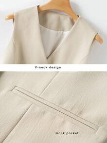 Áo tank top không tay cổ chữ V dành cho nữ, thiết kế cài nút - Thời trang & Đa năng, túi giả, chất vải cao cấp - Món đồ thiết yếu trong tủ quần áo sành điệu - Màu be - Xem 3