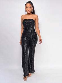 Mono nuevo para mujer, estilo hot, sin mangas, de lentejuelas, espalda descubierta, con cintas, top tubo, diseño sexy, perfecto para fotos de , club nocturno, fiestas y looks de noche - Negro - Ver 2