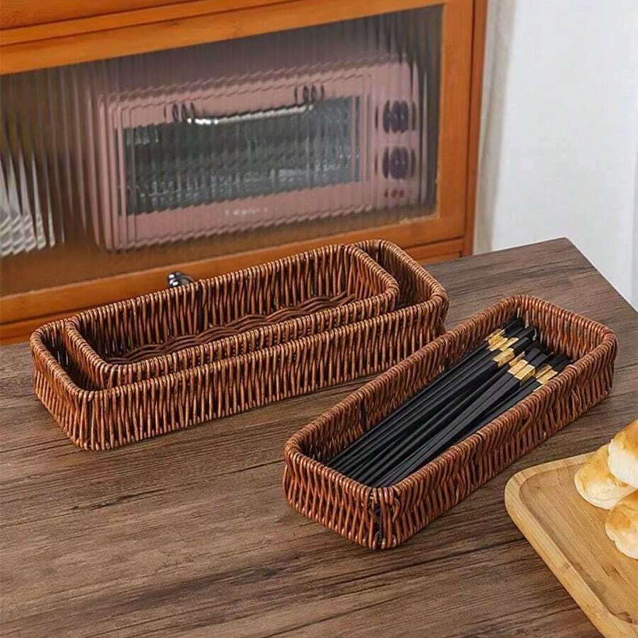 3件/1件藤制餐具收纳篮 - 棕色 - 查看 1