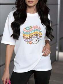 Simple And Versatile Design. Colorful Flowers And A Volleyball With  Lettering Convey Optimistic Energy And A Sporty Spirit. Modern Casual Women's T-Shirt, Ideal For Leisure And Sports. Cotton T-Shirt - 白色 - 查看 7
