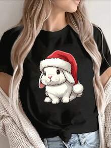 Women's White Short-Sleeved T-Shirt With Black Details, Bunny Print And Christmas Hat - Lightweight, Stretchy, Round-Neck Casual Top Suitable For Christmas Parties, Bunny Ear Design, Machine Washable Christmas Clothing (Polyester Fiber). - 黑色 - 查看 1