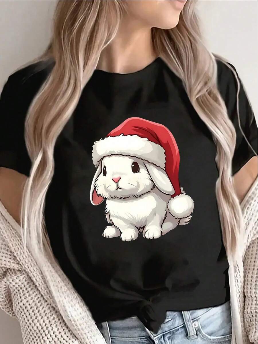 Women's White Short-Sleeved T-Shirt With Black Details, Bunny Print And Christmas Hat - Lightweight, Stretchy, Round-Neck Casual Top Suitable For Christmas Parties, Bunny Ear Design, Machine Washable Christmas Clothing (Polyester Fiber). - 黑色 - 查看 1