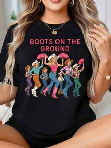 Camiseta De Mujer De Manga Corta Con Estampado Retro Occidental Botas En El Suelo , Diseño De Botas Y Sombrero De Vaquero, Casual De Cuello Redondo Con Estampado Vibrante Para Uso Casual, Fiesta Round Neck Printed Short Sleeve Casual Everyday T-Shirt, They Are Excellent Gifts For Friends And Family,100% Cotton T-Shirts Feature, A Youthful And Fashionable Design Blusas Para Mujer Camisa - Negro - Ver 1