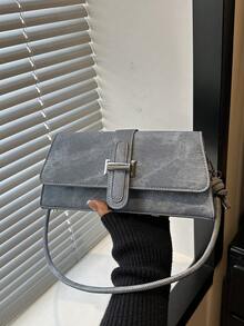 Fashionable Denim Texture Solid Color Asymmetrical Flap Vintage Minimalist Elegant Shoulder Bag - Dark Wash - View 10