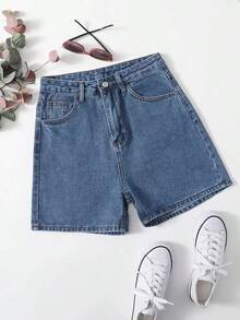 Shorts mezclilla unicolor con cremallera - Verde - Ver 8