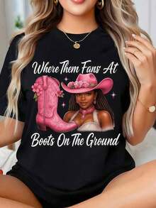 Camiseta Estilo Occidental Retro Para Mujer Botas En El Terreno De Manga Corta, Diseño De Botas Y Sombrero De Vaquero En Moda Casual, Cuello Redondo, Con Estampado Vibrante Para Uso Casual, Fie_5 Round Neck Printed Short Sleeve Casual Everyday T-Shirt, They Are Excellent Gifts For Friends And Family,100% Cotton T-Shirts Feature, A Youthful And Fashionable Design Blusas Para Mujer Camisa - Negro - Ver 6