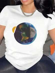 Camiseta De Manga Corta Ligera Y Duradera Con Diseño De La Tierra Y La Luna, Perfecta Para Uso Casual En Casa, En La Oficina O Al Aire Libre, Que Ofrece Un Ajuste Cómodo Para El Uso DiarioWomen Standard Size Casual T-Shirt Breathable Lightweight Short Sleeve Tee Blusas Para Mujer Camisa - Blanco - Ver 1