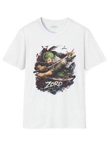 Shirts Mens Clothes Graphic Tees Summer Tops Summer Tops Men Y2k Streetwear Von DutchOne Piece Zoro Sword Stance T-Shirt|   Anime Samurai Illustration 4th Of July Fathers Day Gift Manfinity Men Men Vacation Outfits Funny Shirts VGOP - White - View 1
