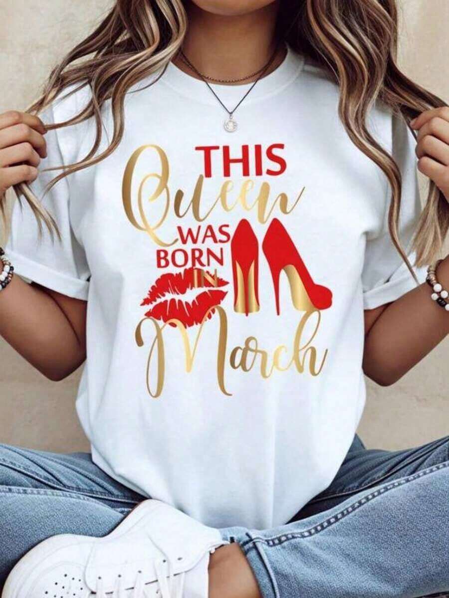 Camisetas Casuales para Mujer, Camiseta "Esta Reina Nació en Marzo", Regalo de Cumpleaños para Mujer Nacida en Marzo con Diseño de Tacones Rojos y Labios, Top Casual de Moda, Camiseta para Mujer, Estilo Y2K, Camisetas de Moda de Verano, Conjuntos y Tops Casuales de Streetwear - Blanco - Ver 1