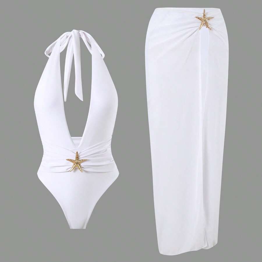 New Solid Color One-Piece Maxi Skirt With Mesh Slit And Halter Neck, Sexy Summer Bikini. - 白色 - 查看 1